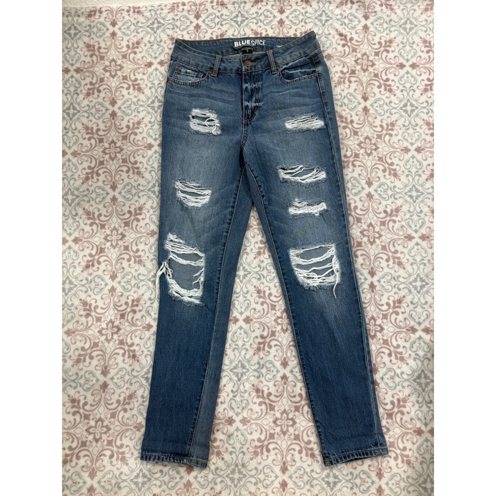 Blue Spice Distressed Mom Jeans Ankle Medium Wash Size 3 High Rise Denim